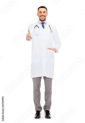 smiling doctor with stethoscope showing thumbs up