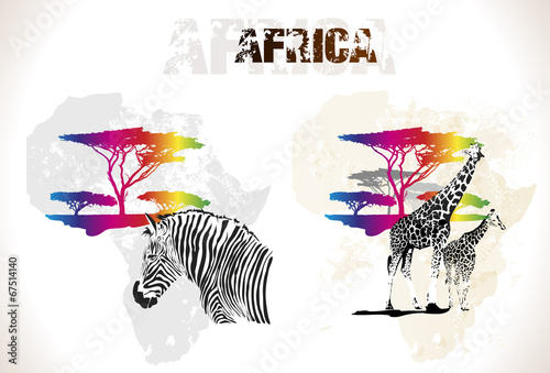 Colorful africa map with trees and animals, vector illustration