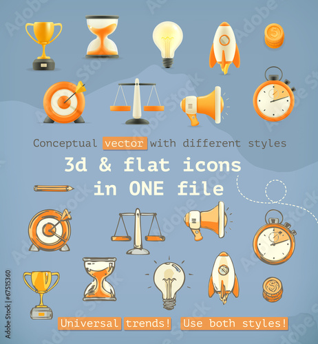 3d and flat set icons