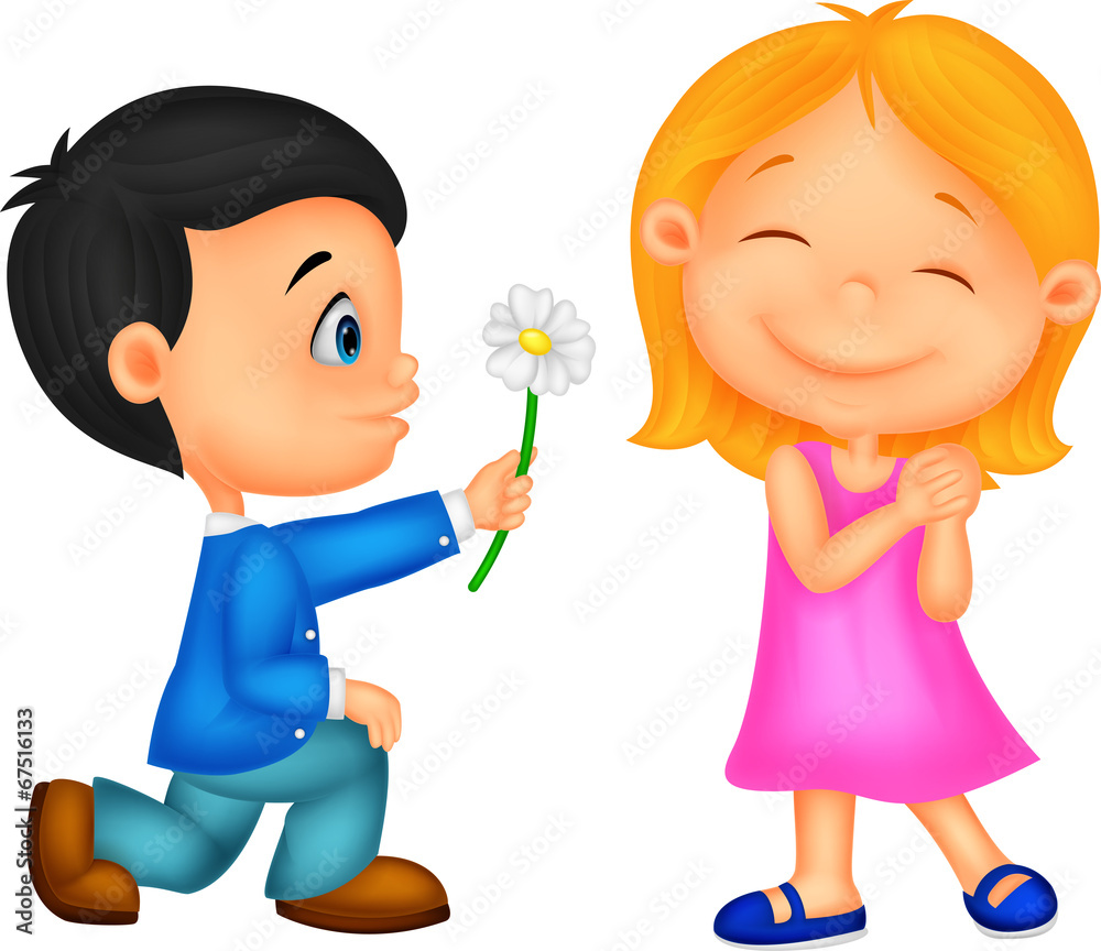 Little boy kneels on one knee giving flowers to girl Little boy kneels on one knee giving flowers to girl