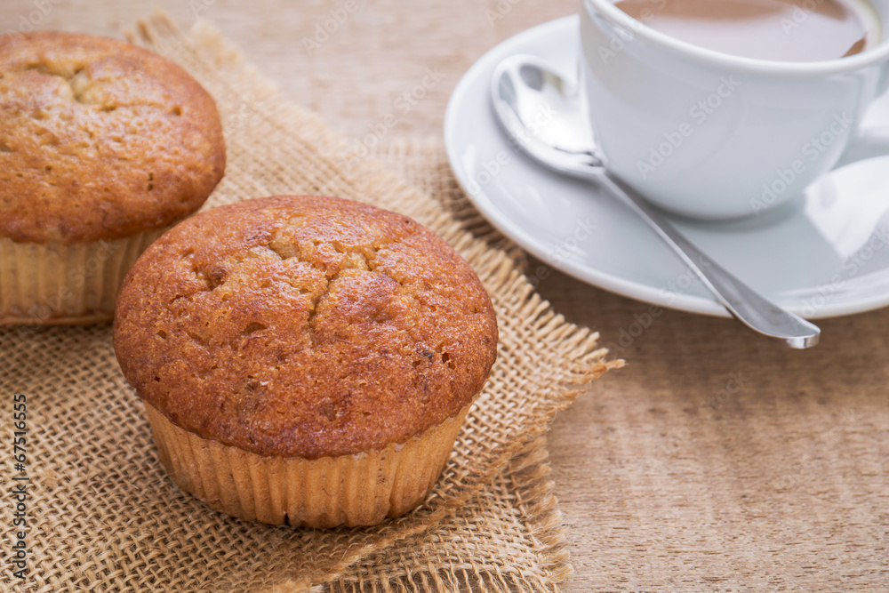 Banana cup cake on hessian mats and coffee cup