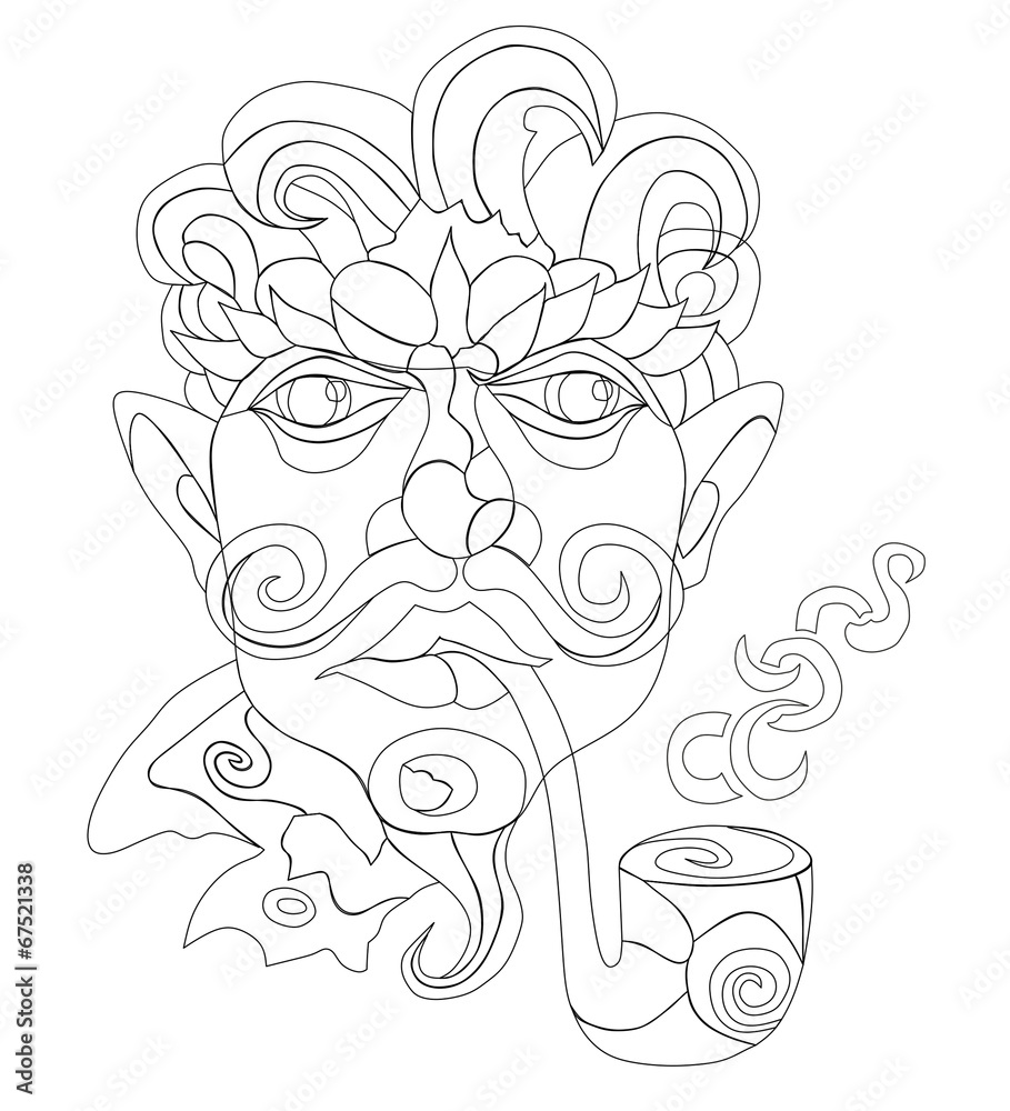 Line art face serious man with mustache smoking pipe