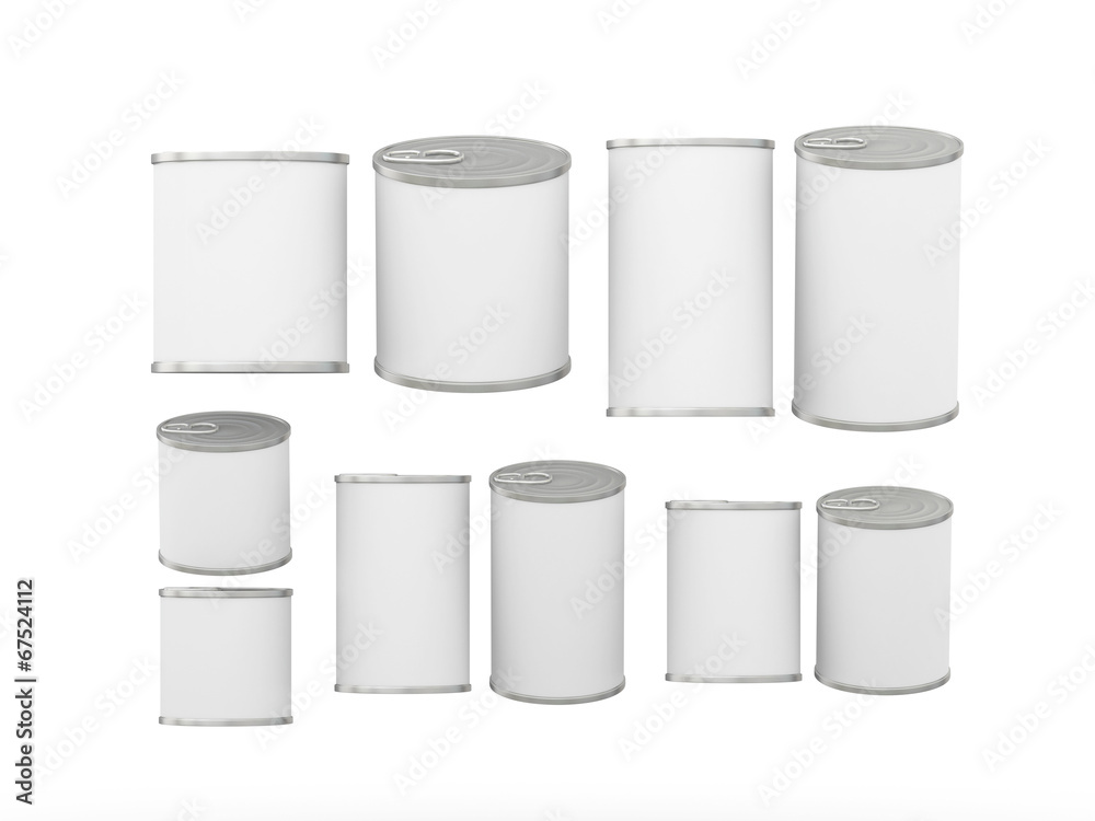 Set of white blank tin cans in various sizes, clipping path incl Set of white blank tin cans in various sizes, clipping path incl
