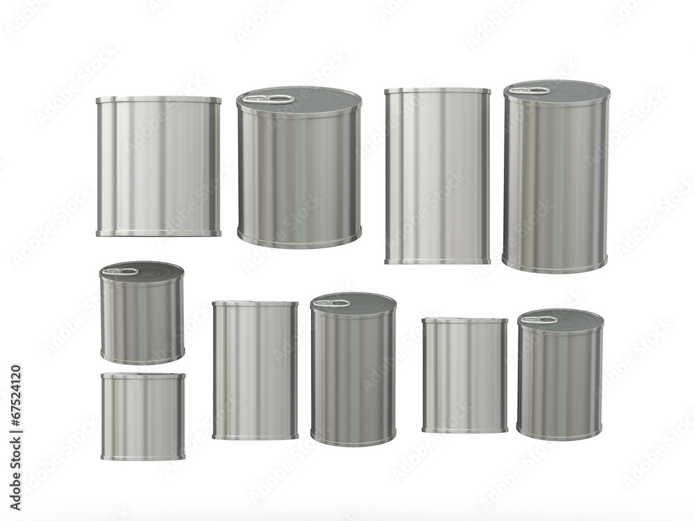 Set of aluminum tin cans in various sizes, clipping path includ Set of aluminum tin cans in various sizes, clipping path includ