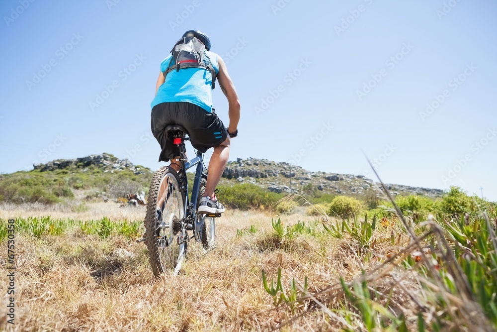 Fit cyclist riding in the countryside uphill