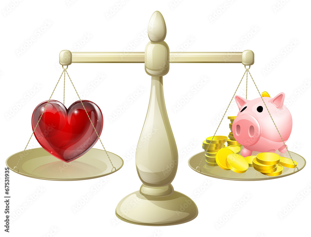 Love or money balance concept Love or money balance concept