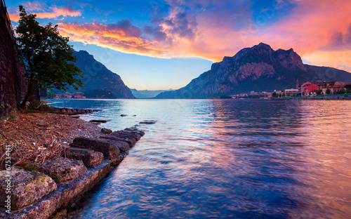 Colorful spring sunset in the Lecco Lake. Lecco, Alps, Italy.