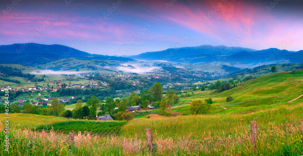 Beautiful summer landscape in the mountain village. Carpathian m