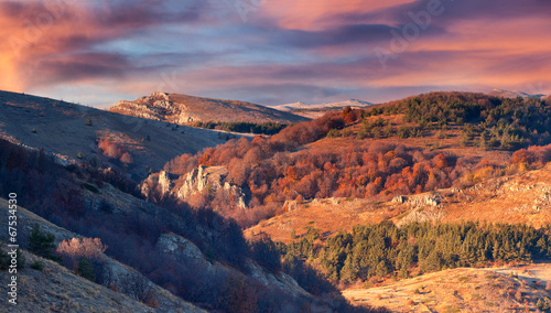 Beautiful autumn sunset in the Crimea mountains.