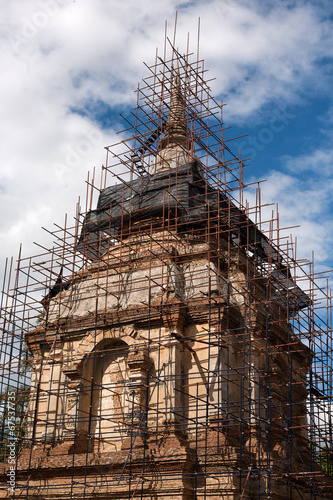 Wooden scaffolding for pagoda construction