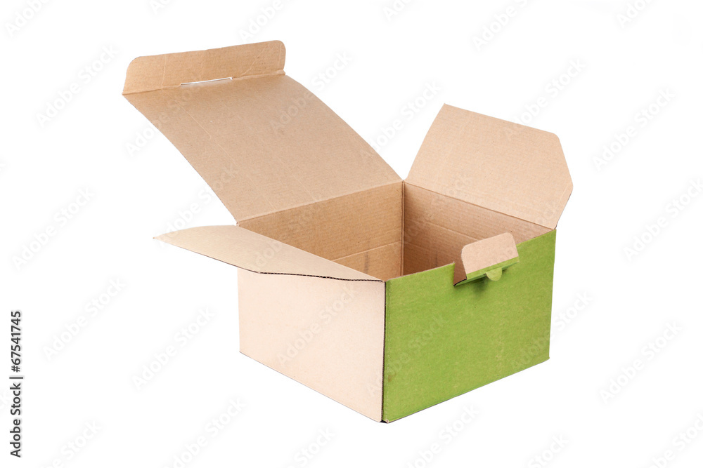 Cardboard box with flip open lid on white isolated