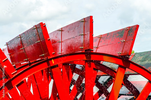 Photography Red Riverboat Paddle Wheel in a River with Trees
