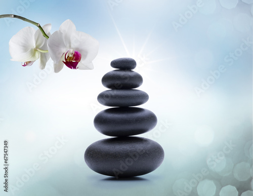 Steinpyramide mit Orchideen