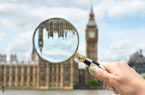 Magnifying glass in the hand against Big Ben in London