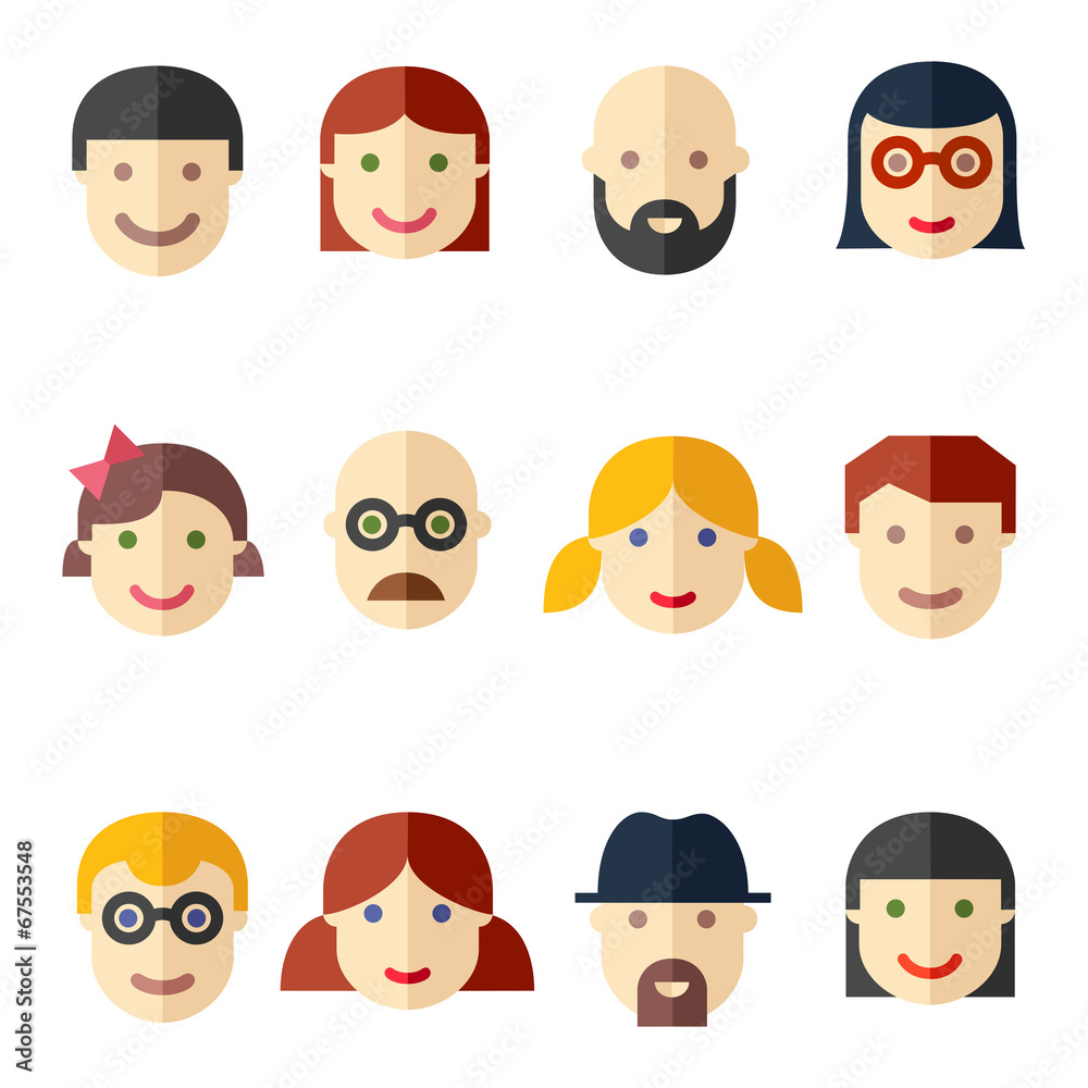 Flat avatars, faces, people icons Flat avatars, faces, people icons