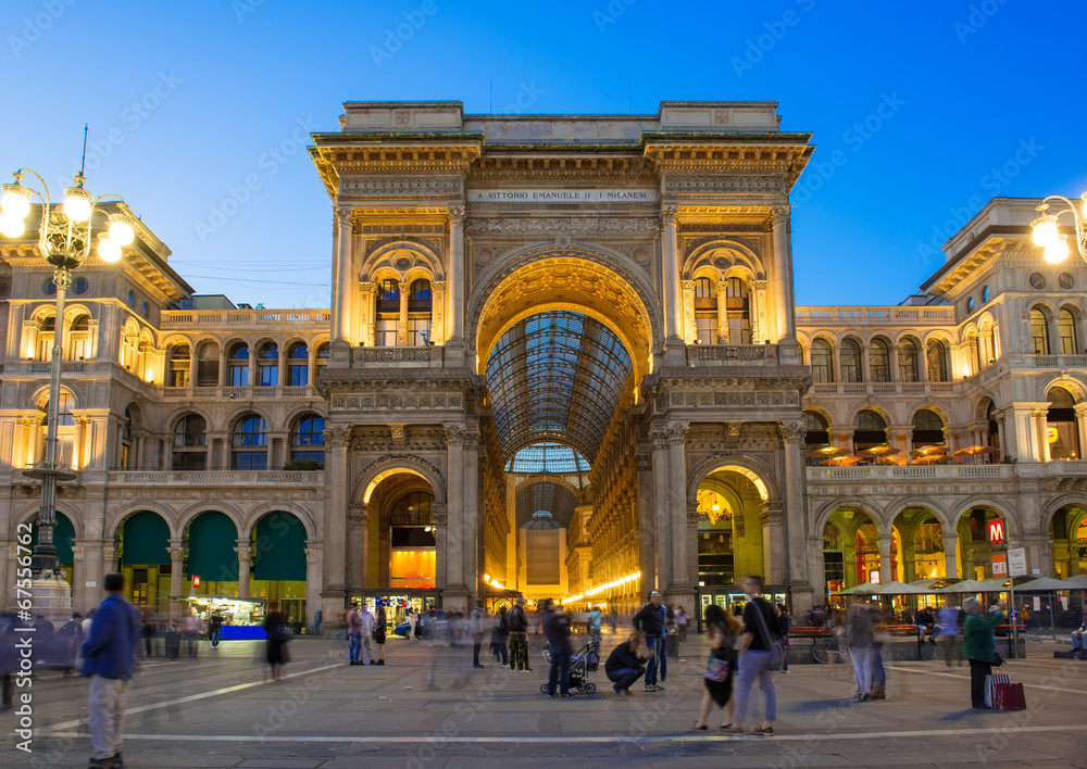 Night view of Vittorio Emanuele II Gallery in Milan, Italy