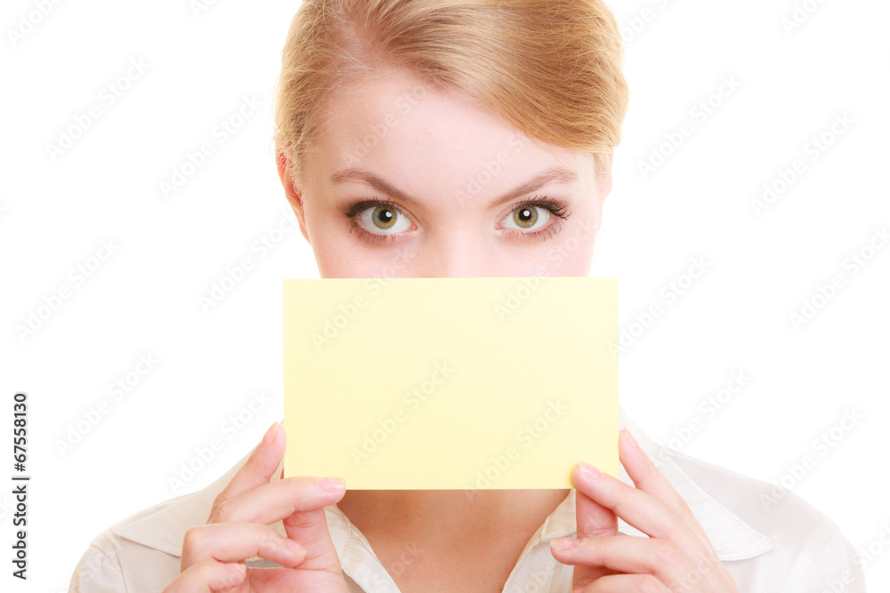 Ad. Businesswoman covering face with blank card Ad. Businesswoman covering face with blank card