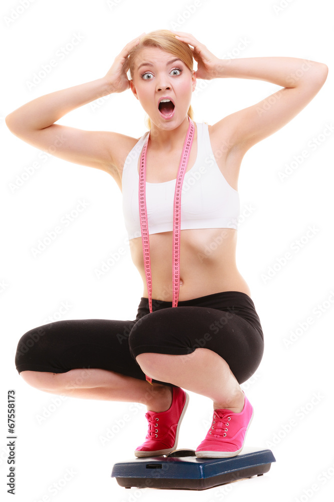 Diet. Upset girl unhappy woman on weight scale Diet. Upset girl unhappy woman on weight scale