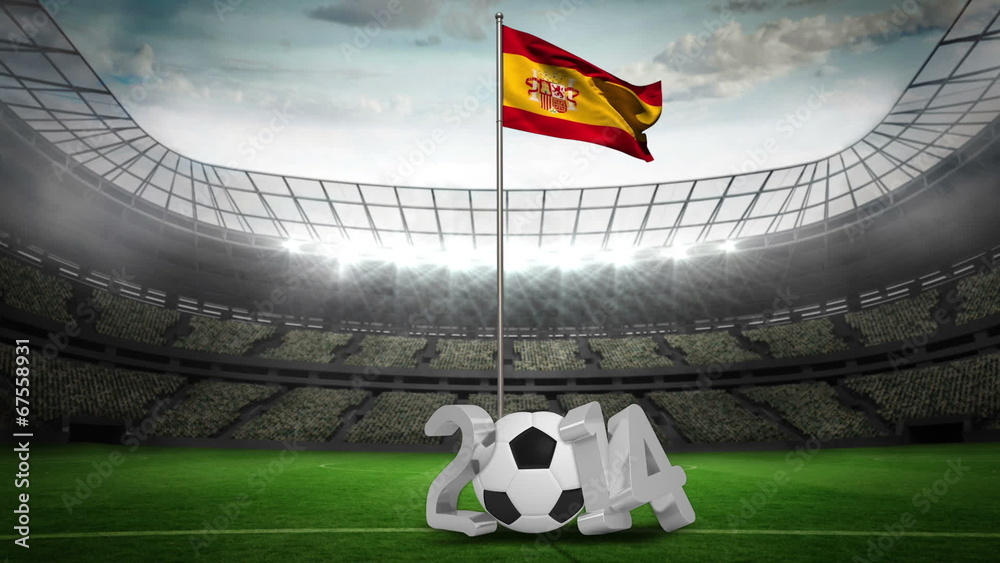 Spain national flag waving on flagpole with 2014 message Spain national flag waving on flagpole with 2014 message