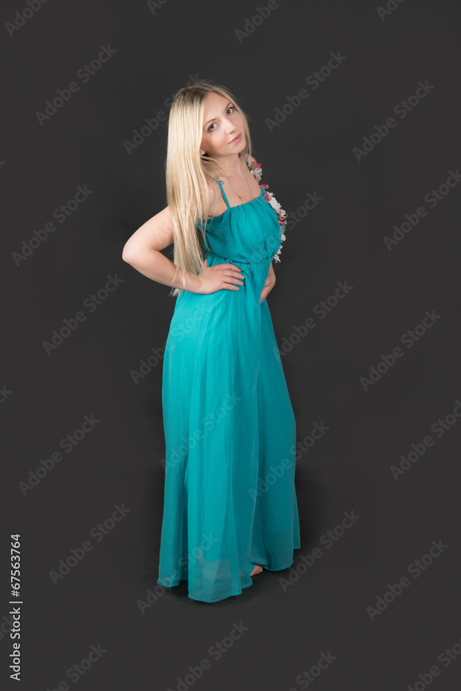 blonde in a blue dress