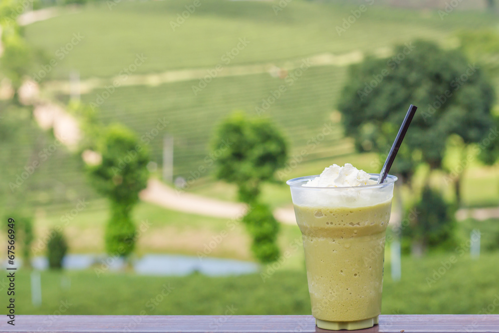 Ice green tea smoothies on tea plantation blackguard Ice green tea smoothies on tea plantation blackguard