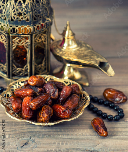 Traditional arabic lamp, latern, dates and rosary
