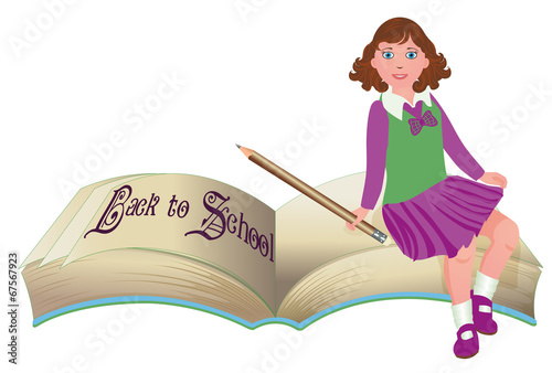 Back to School. Cute schoolgirl with old book