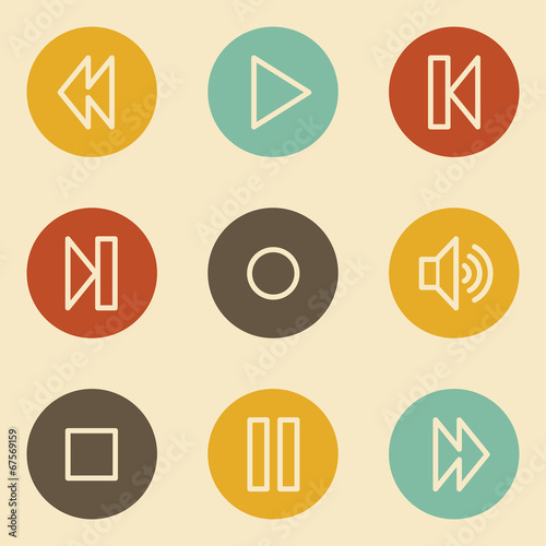 Media player web icons , retro circle buttons