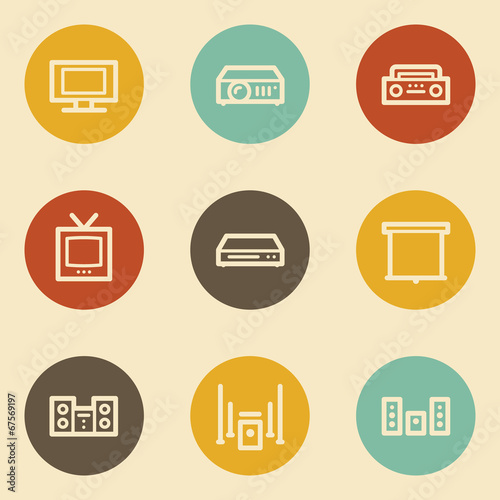 Audio video web icons, retro circle buttons