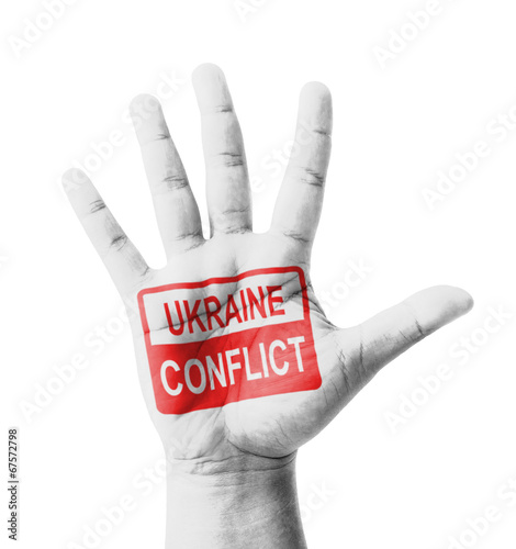 Open hand raised, Ukraine Conflict sign painted