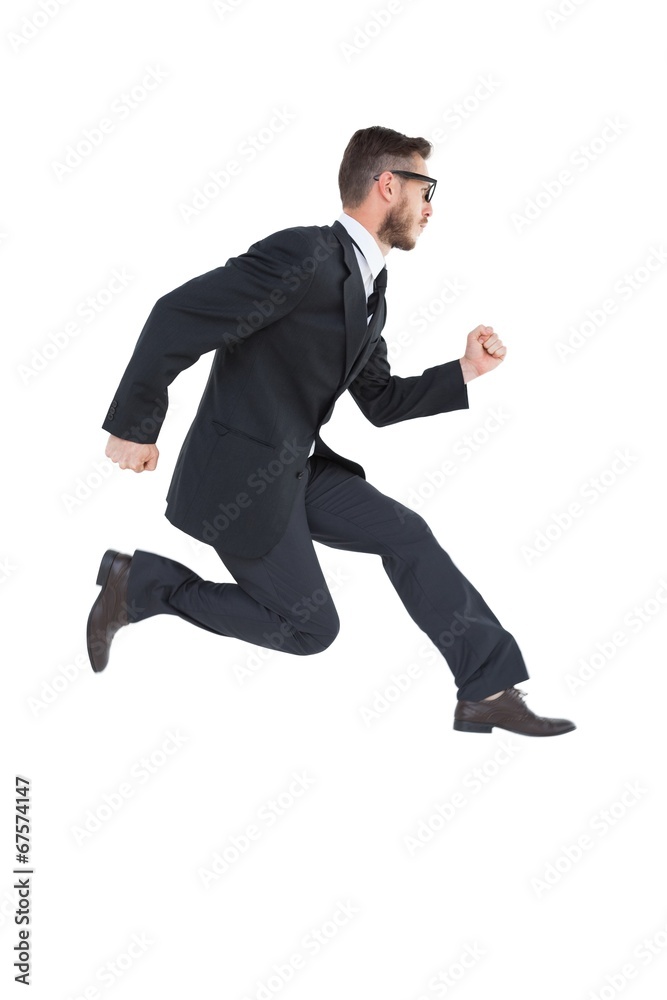 Geeky young businessman running mid air