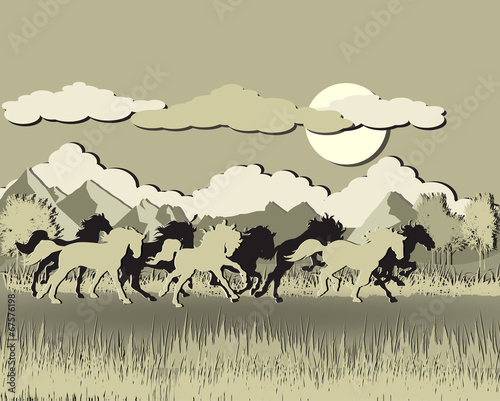 Horse silhouette on sunset background.papercut style.