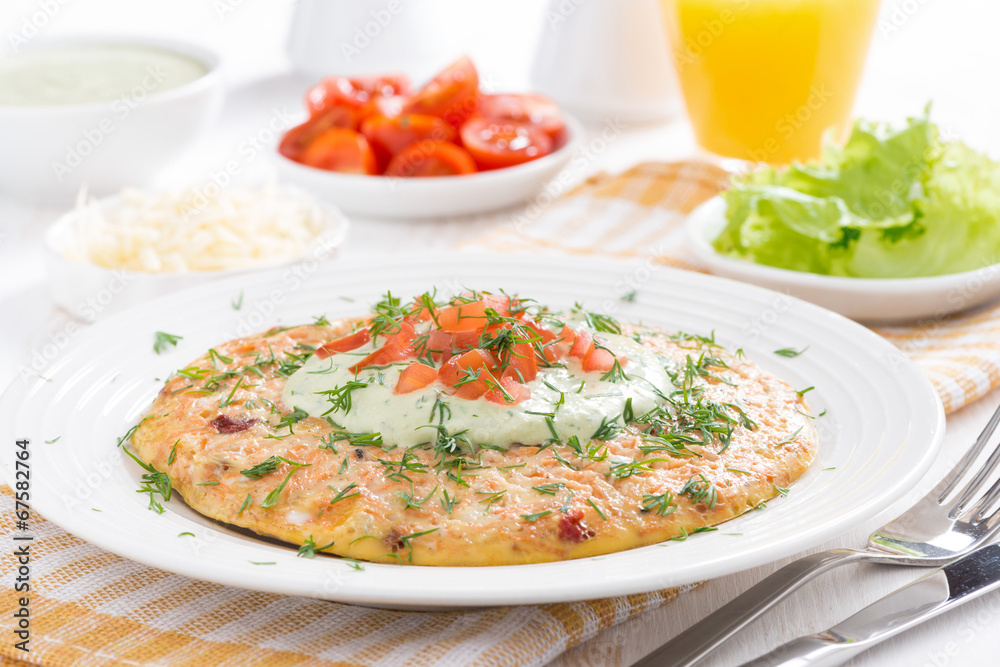 dietary omelette with carrot, green yogurt sauce for breakfast dietary omelette with carrot, green yogurt sauce for breakfast