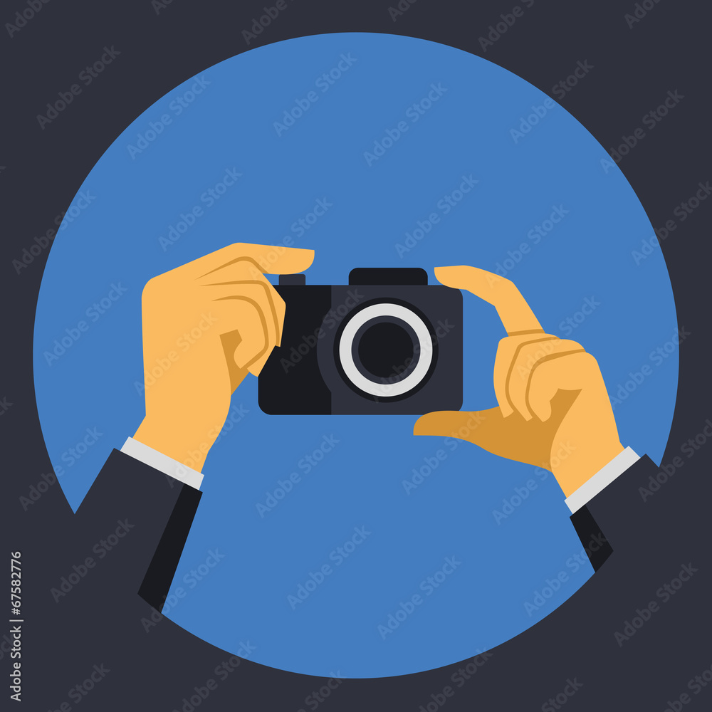 Digital Photo Camera with Hands in Flat Retro Style. Vector
