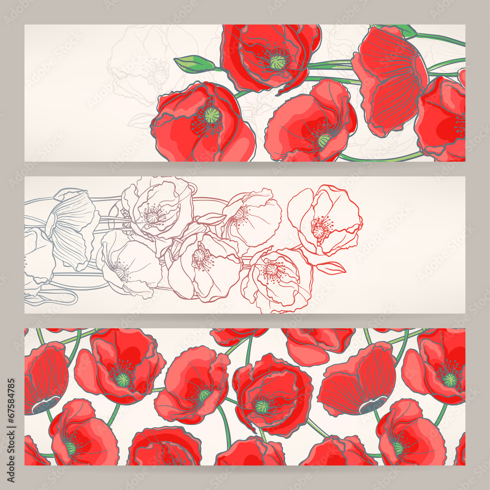 banners with red poppies - obrazy, fototapety, plakaty 