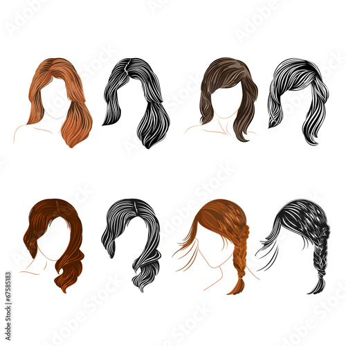 Set of four long  hair natural and silhouette Vector photo