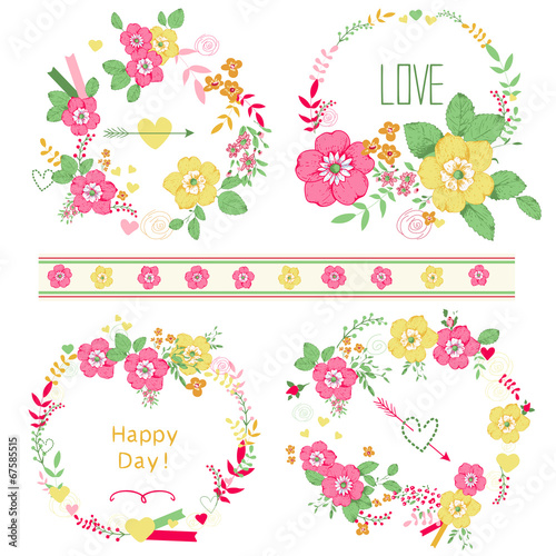 Set of cute floral bouquets, card template.