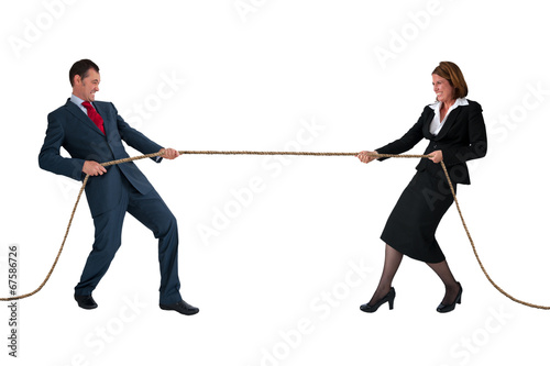 Foto businessman and woman tug of war isolated on white