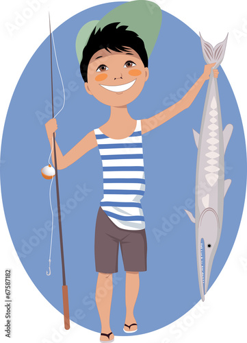 Little boy with a fishing rod and a fish