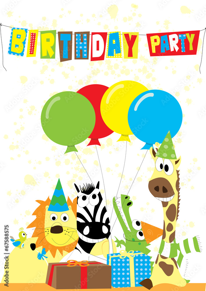 animals with gifts and balloons - birthday party