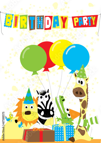 Obraz na płótnie animals with gifts and balloons - birthday party w salonie