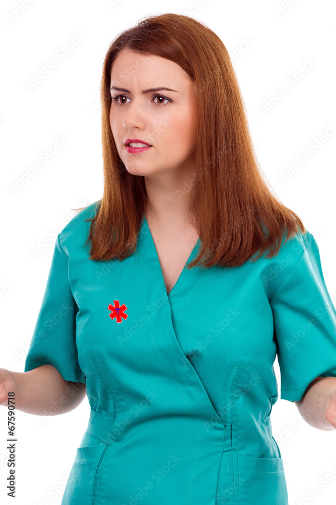 Portrait of confused female doctor or nurse Portrait of confused female doctor or nurse