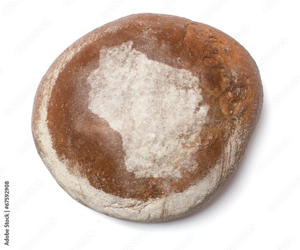 A loaf of fresh bread covered with rye flour in the shape of Wis - obrazy, fototapety, plakaty 