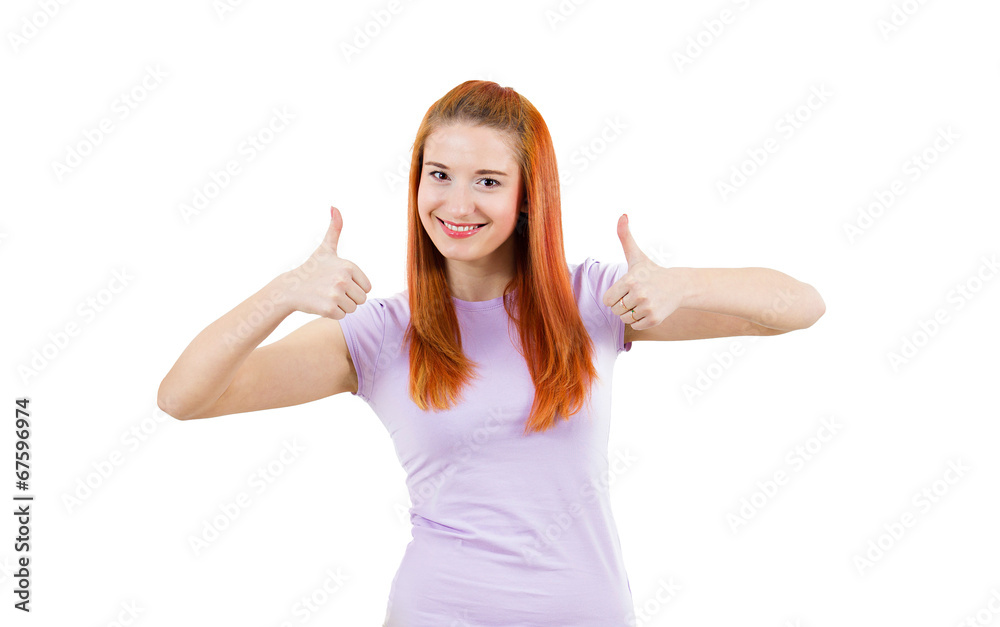 Young happy woman giving thumbs up, white background Young happy woman giving thumbs up, white background
