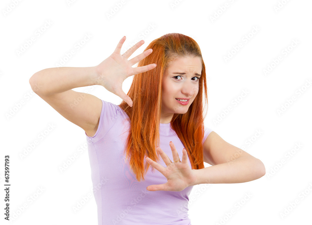 Portrait Scared woman, afraid of something, white background Portrait Scared woman, afraid of something, white background
