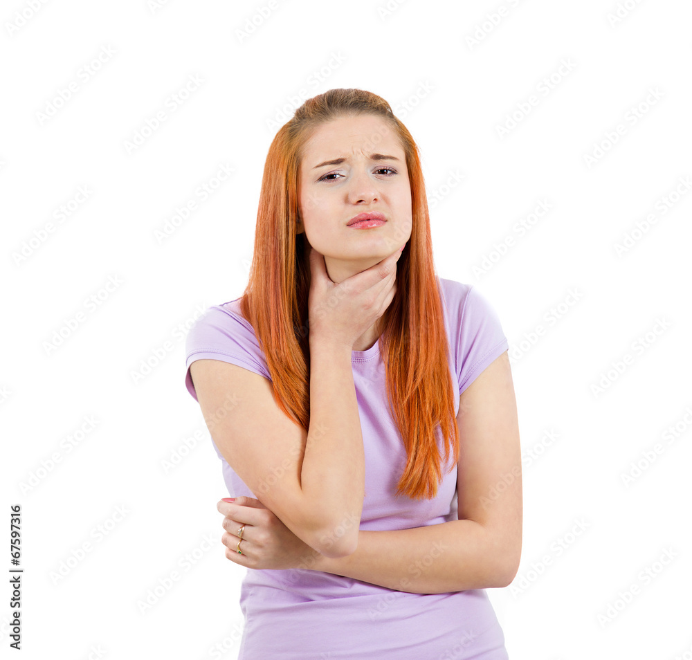 Sad girl, woman with sore throat pain, on white background Sad girl, woman with sore throat pain, on white background