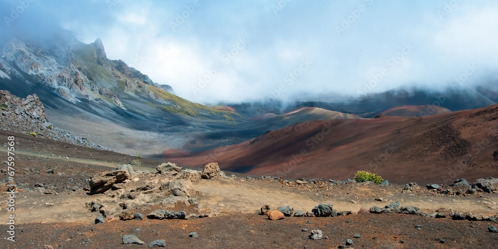 Haleakala crater with trails in Haleakala National Park on Maui