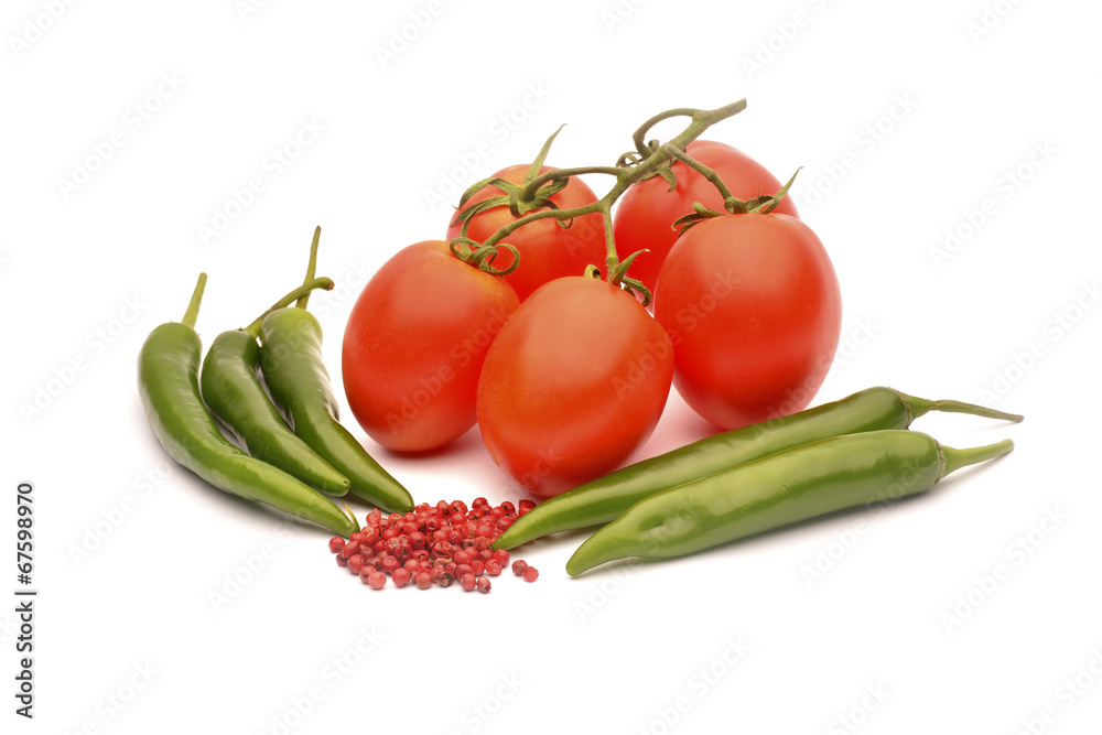 Tomatoes, chilli and pepper on white background Tomatoes, chilli and pepper on white background