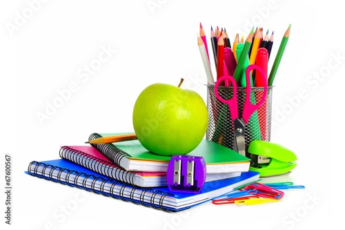 Collection of colorful school supplies photo