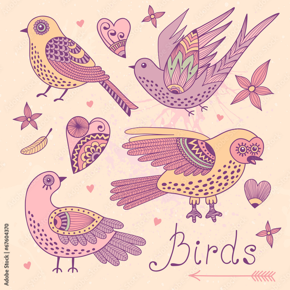 Vector set birds and hearts. Vector set birds and hearts.